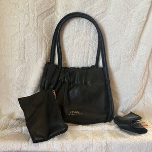 Trina Turk Black Pebbled Leather Shoulder Bag with Gold Hardware